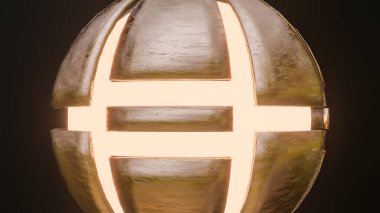 Metal segmentli kesme küresi, siyah arka planda parlayan ortası. 3d resimleme