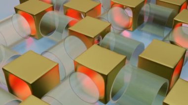 Üç boyutlu borularda ve delikli küplerde yuvarlanan gümüş bir metal küre. Soyut kompozisyon. döngü canlandırma 3d canlandırma çizimi