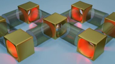 Üç boyutlu borularda ve delikli küplerde yuvarlanan gümüş bir metal küre. Soyut kompozisyon. döngü canlandırma 3d canlandırma çizimi