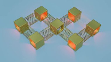Üç boyutlu borularda ve delikli küplerde yuvarlanan gümüş bir metal küre. Soyut kompozisyon. döngü canlandırma 3d canlandırma çizimi