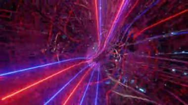 Soyut bir 3 boyutlu parlak tünelin içinden neon ışıkla uçuyor. döngü canlandırma 3d canlandırma çizimi