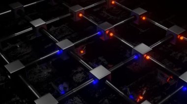 Parlayan kırmızı ve mavi küreler şeffaf borulardan ve delikli metal küplerden uçar. Soyut üç boyutlu kompozisyon. döngülü animasyon arkaplanı. 3d hazırlayıcı