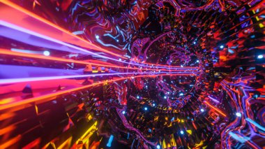 Neon çizgili, soyut bir 3 boyutlu tünelin içinde. Renkli bir geçmiş. 3d resimleme