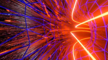 Neon çizgili, soyut bir 3 boyutlu tünelin içinde. Renkli bir geçmiş. 3d resimleme