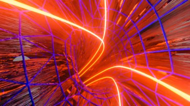 Neon çizgili, soyut bir 3 boyutlu tünelin içinde. Renkli bir geçmiş. 3d resimleme
