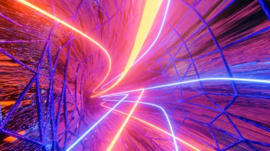 Neon çizgili, soyut bir 3 boyutlu tünelin içinde. Renkli bir geçmiş. 3d resimleme
