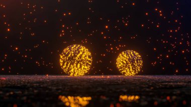 Koyu ve pürüzlü bir yüzeyde parlak dokuya sahip küreler. Soyut üç boyutlu kompozisyon. 3d resimleme