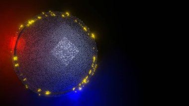 Etrafında kırmızı-mavi bir parıltı olan siyah bir arkaplanda yuvarlak dokulu dairesel bir yüzey. Soyut üç boyutlu kompozisyon. 3d resimleme