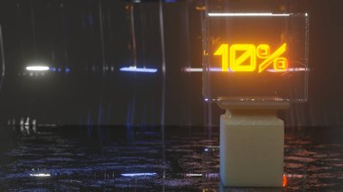 Koyu arkaplan, sütun ve cam vitrinde yüzde işareti olan parlak figürler. Temizlik konsepti 3d resimleme
