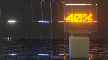 Koyu arkaplan, sütun ve cam vitrinde yüzde işareti olan parlak figürler. Temizlik konsepti 3d resimleme