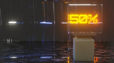 Koyu arkaplan, sütun ve cam vitrinde yüzde işareti olan parlak figürler. Temizlik konsepti 3d resimleme