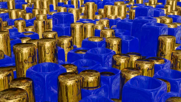 Mavi Küplerden Delik Deşik Edilmiş Altın Silindirlerin Soyut Arkaplanı Resimleme — Stok fotoğraf