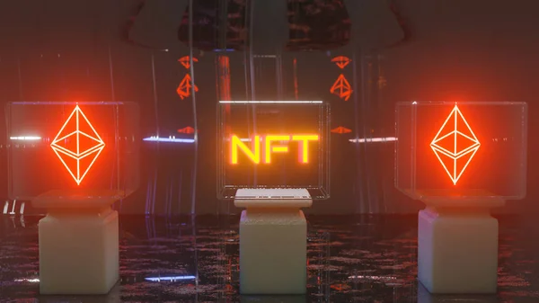 어두운 배경에 과밝은 Ethereum 진열장에 새겨진 Nft 암호화 개념입니다 로열티 프리 스톡 사진