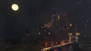 Dolunayda sisin içinde gizlenmiş üç boyutlu bir kale. 3d resimleme