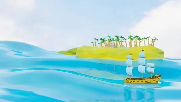 Boyutlu Yelkenli Bir Fırkateyn Modeli Denizde Palmiye Ağaçları Olan Adaların — Stok fotoğraf
