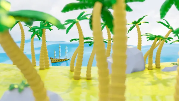 Boyutlu Yelkenli Bir Fırkateyn Modeli Denizde Palmiye Ağaçları Olan Adaların — Stok fotoğraf