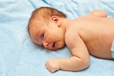 Havlu üzerinde yalan ve kameraya bakarak yeni doğmuş çocuk