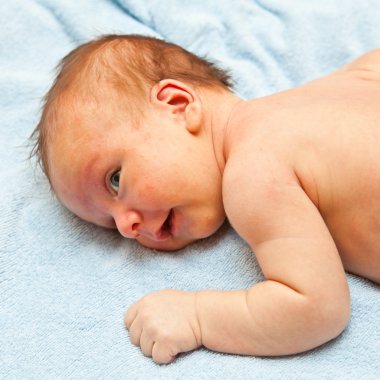 Havlu üzerinde yalan ve kameraya bakarak yeni doğmuş çocuk