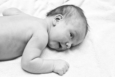 Yeni doğan bir bebek ağlaması, sığ derinlik-in tarla siyah beyaz portre