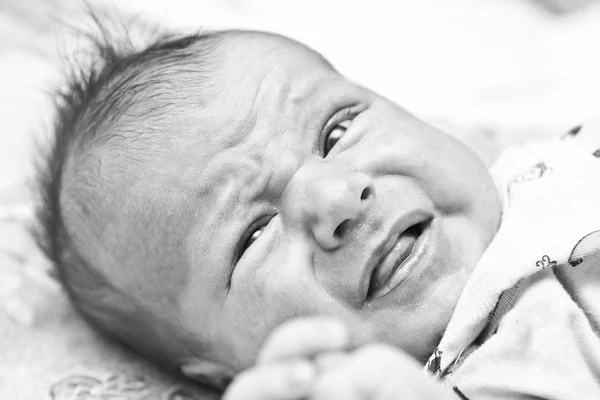 Yeni doğan bir bebek ağlaması, sığ derinlik-in tarla siyah beyaz portre — Stok fotoğraf