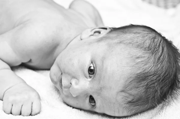 Черно-белый портрет новорожденного плачущего младенца, неглубокая глубина резкости — стоковое фото