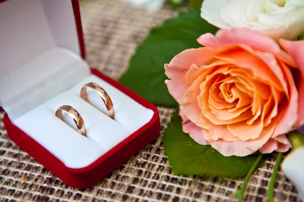 Anéis de casamento em uma caixa e boutonniere — Fotografia de Stock