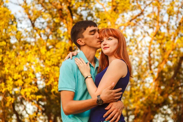年轻的夫妇，在户外的森林中拥抱 — 图库照片