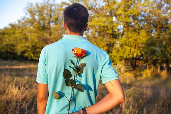 Hombre sosteniendo una rosa a sus espaldas en un parque al aire libre —  Fotos de Stock