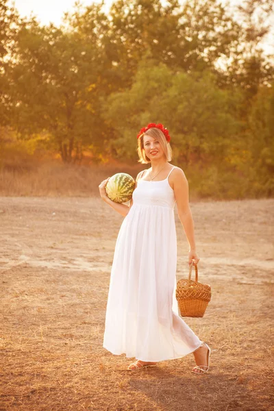 Mulher bonita com uma cesta e melancia em um campo ao ar livre — Fotografia de Stock