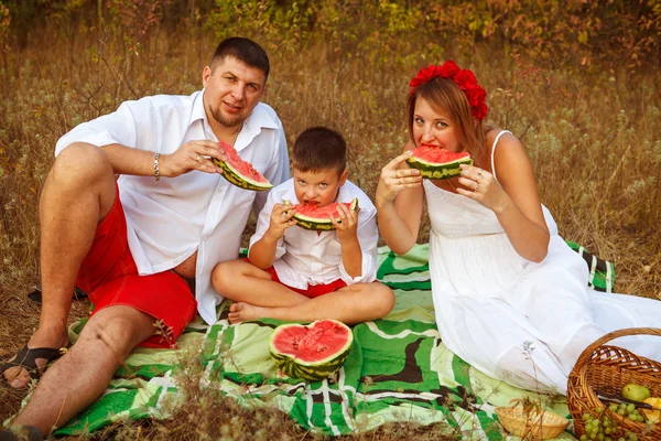 Família de três comendo melancia sentado em um tapete na floresta — Fotografia de Stock
