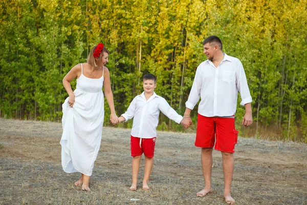 Mama Papa und Sohn gehen Hand in Hand durch den Wald — Stockfoto