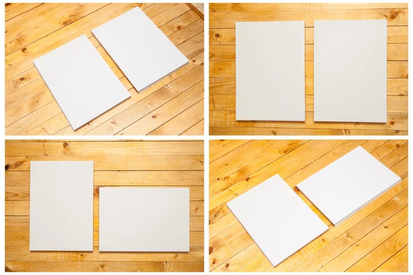 Λευκά έντυπα σε ξύλινα φόντο. Ορισμός μακέτα για το μαρκάρισμα ide — Φωτογραφία Αρχείου