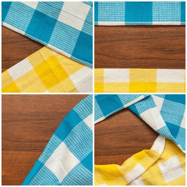 Checkered towel in the corner of a wooden background, set — Stock Photo, Image