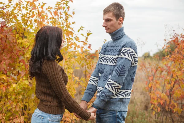 Una pareja amorosa tomados de la mano en otoño parque al aire libre — Foto de Stock
