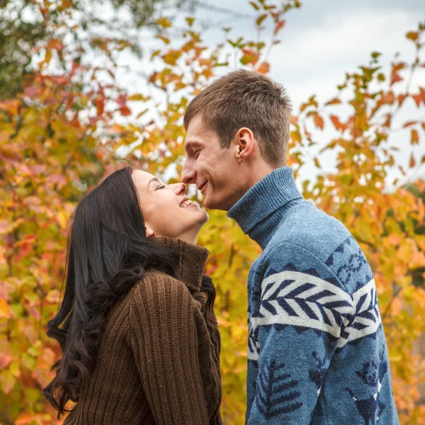 Um casal amoroso beijando no parque de outono ao ar livre — Fotografia de Stock