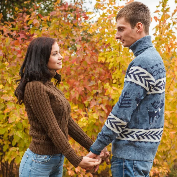 Una pareja amorosa tomados de la mano en otoño parque al aire libre — Foto de Stock