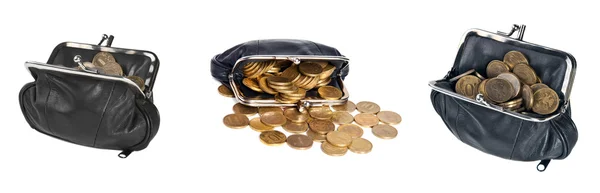 Conjunto monedero de cuero negro con monedas sobre fondo blanco —  Fotos de Stock
