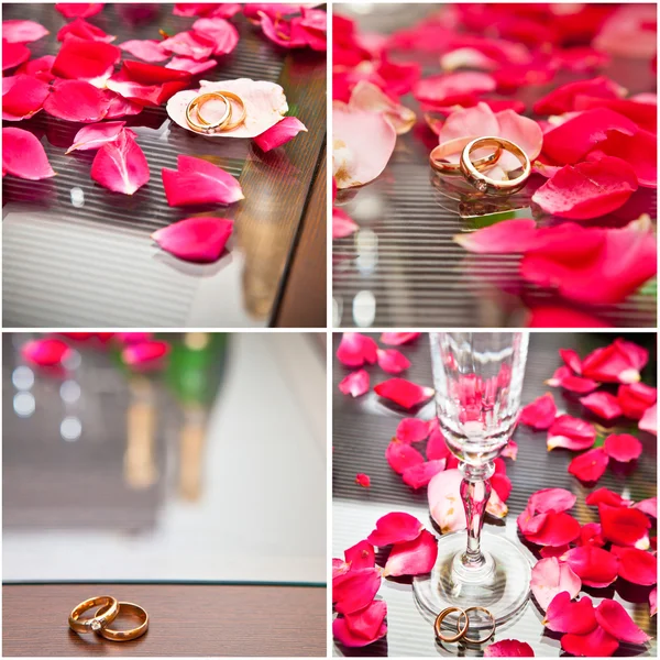 Anillos de boda y pétalos de rosa collage — Foto de Stock