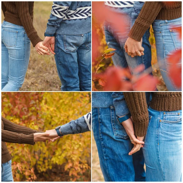 Milující pár hospodářství ruce v podzimní přírodě park — Stock fotografie