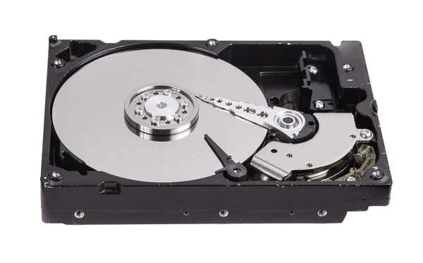 Starý pevný disk s otevřeným víkem na bílém pozadí — Stock fotografie