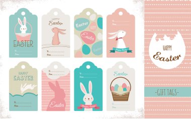 Paskalya Paskalya yumurtaları ve bunnies etiketi koleksiyonu. Mutlu Paskalya