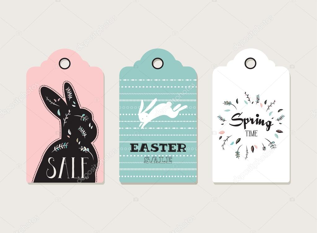 Easter tags, labels with cute bunny and flowers