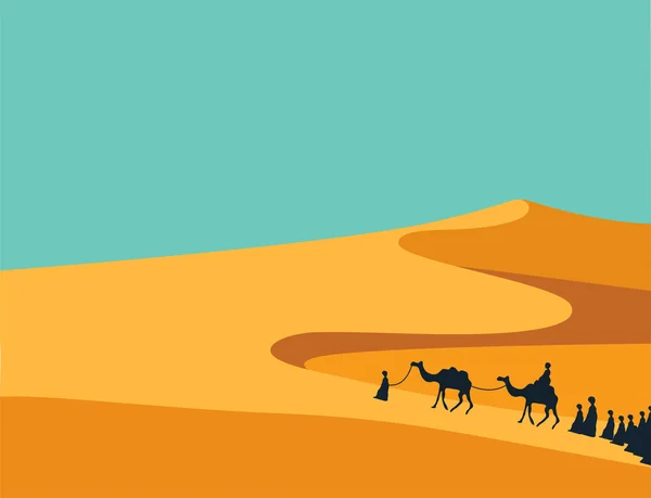 Grupo de Pessoas com Camelos Caravana Montando em Realistas Areias do Deserto Amplo no Oriente Médio. Ilustração vetorial editável — Vetor de Stock