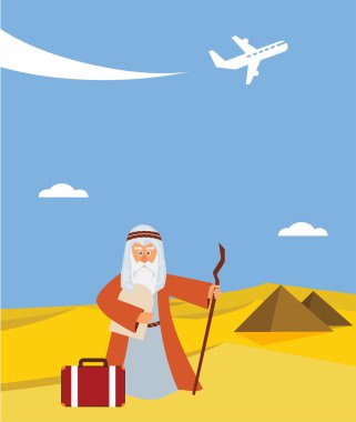time for passover  vacation in Hebrew.  moses with torah and suitcase clipart
