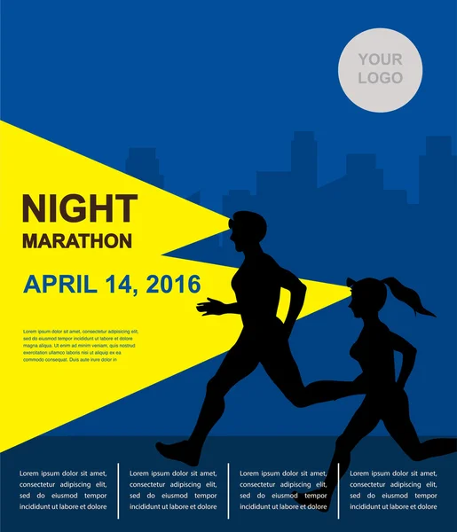 Maratona de corrida, pessoas correm, design de cartaz colorido. Corrida nocturna —  Vetores de Stock
