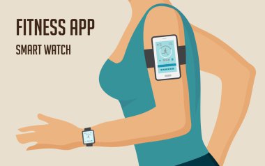Omuz için bağlı bir akıllı telefon ile çalışan kız. Spor ve fitness insanlar çalıştırmak için app izleme. Vektör çizim
