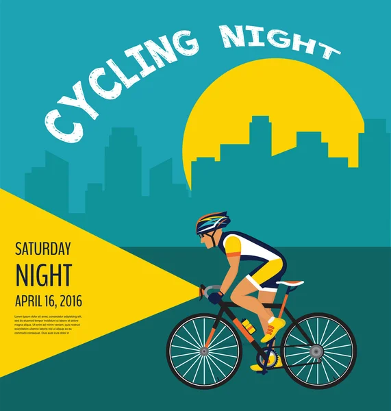Велосипедний нічний плакат. велосипедист їде містом — стоковий вектор