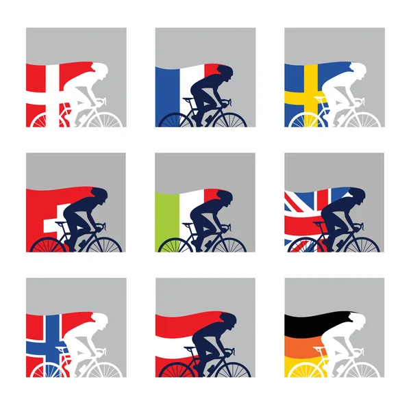 Competencia internacional. Ciclista europeo con banderas de sus países — Vector de stock