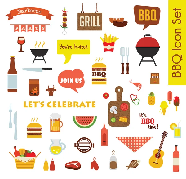 Grill of Barbecue grote Icon met voedsel en voorwerpen set — Stockvector