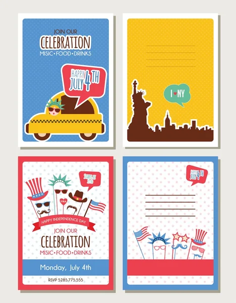 Conjunto de tarjetas e invitaciones para el 4 de julio, día de la independencia de América. tarjetas de felicitación hipster y vintage — Vector de stock